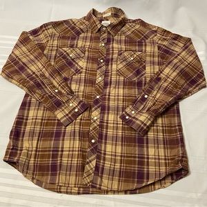 Fossil 54 Mens Vintage Fit Snap Brown Plaid Western Shirt - small hole - Size XL
